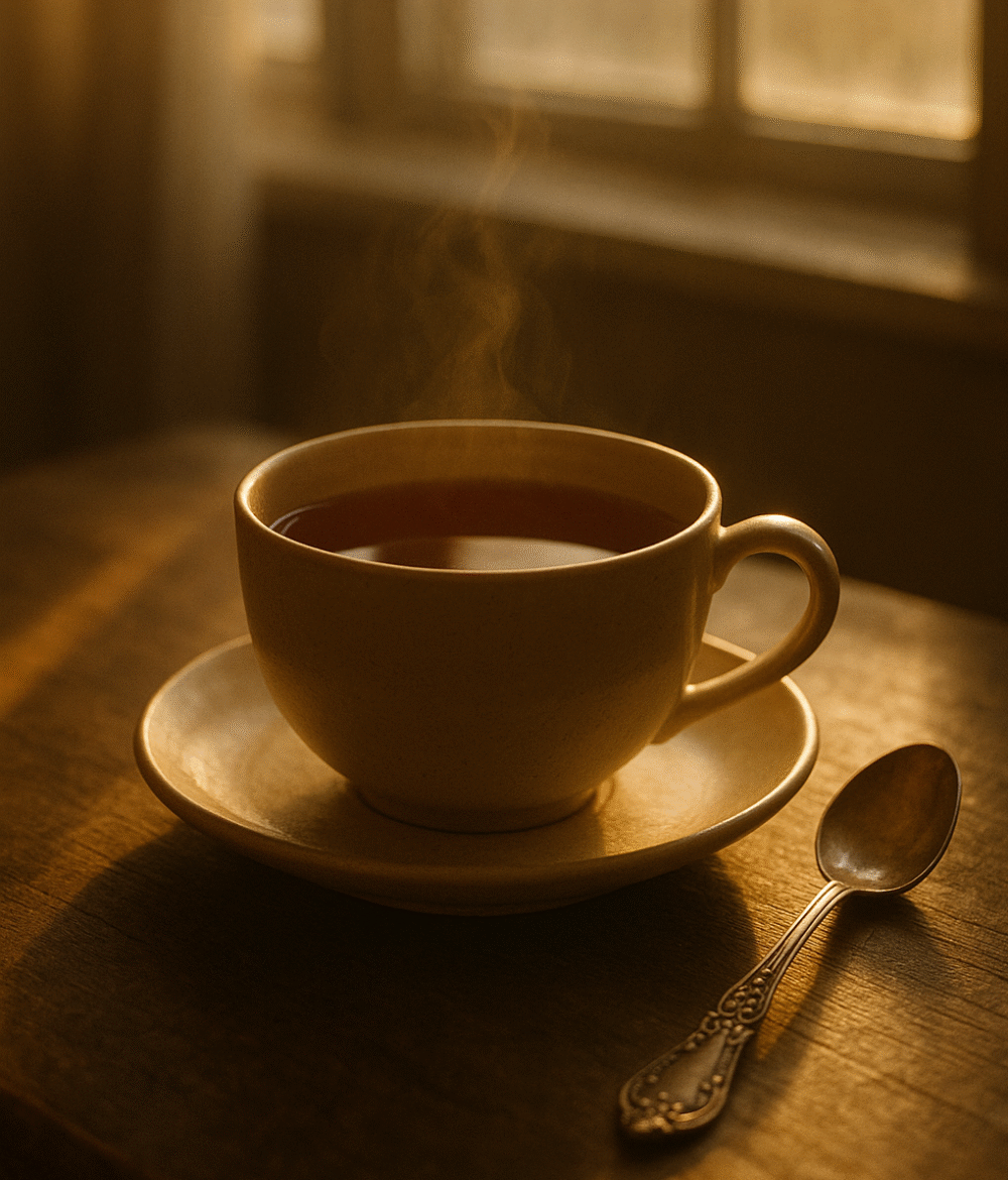 A warm cup of tea with an ornate silver spoon resting beside it, soft morning light streaming through a window, creating a peaceful, contemplative atmosphere with subtle golden hues.